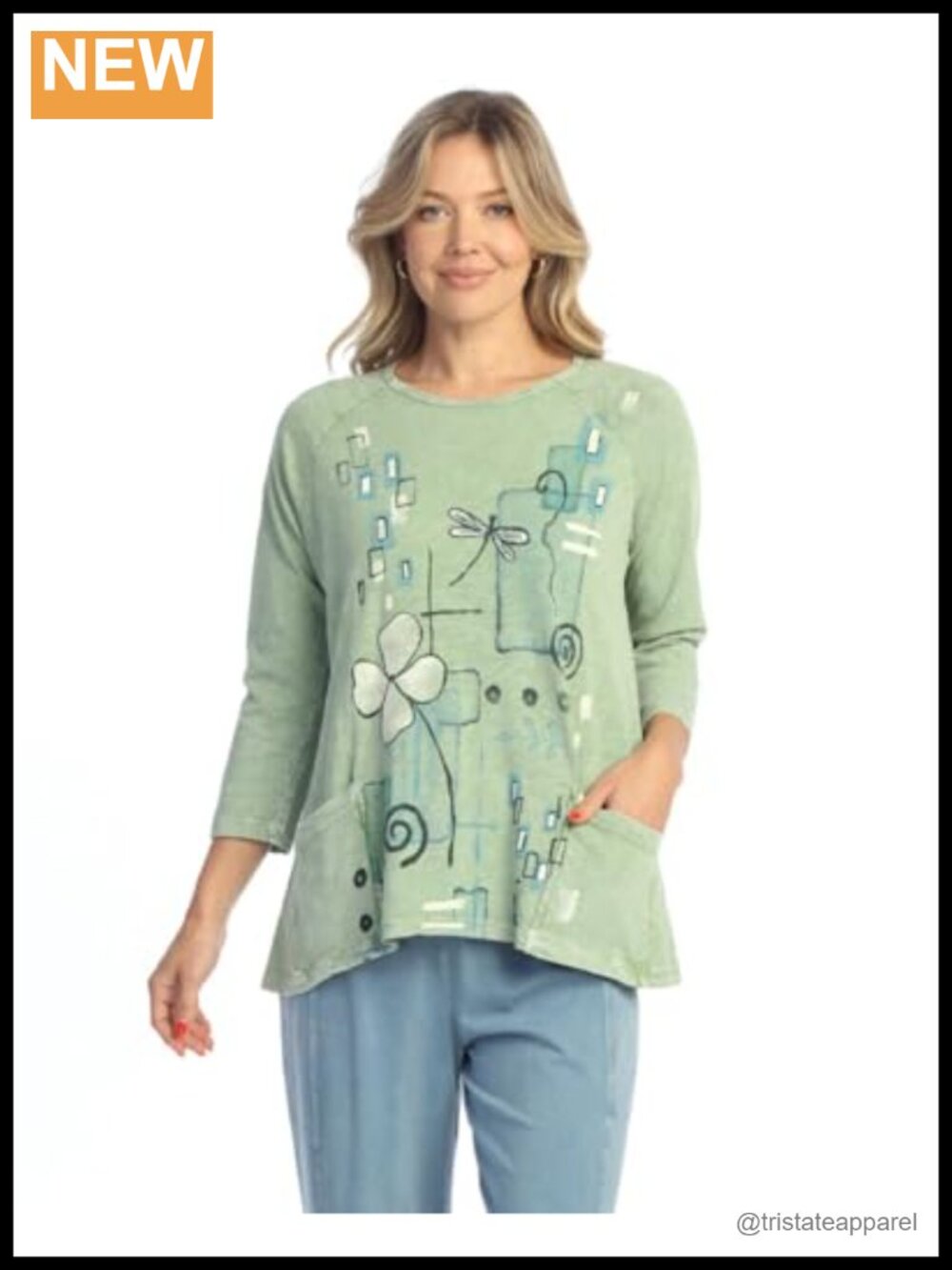 Mineral Washed Cotton Tunic 3/4 Sleeve Hi-Low Hem Patch Pockets